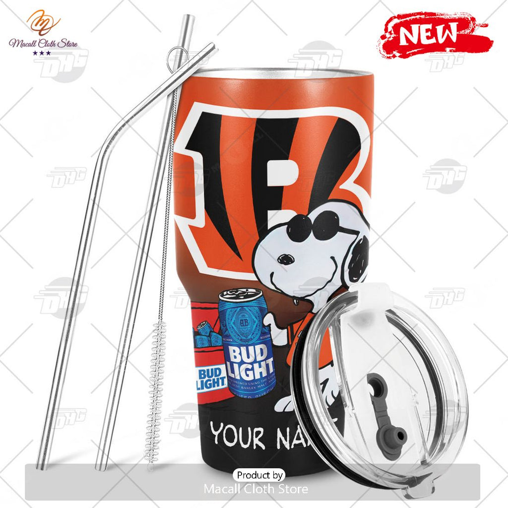 HOT Personalized NFL Cincinnati Bengals Snoopy BUD LIGHT Beer Lover Stainless Steel Tumbler