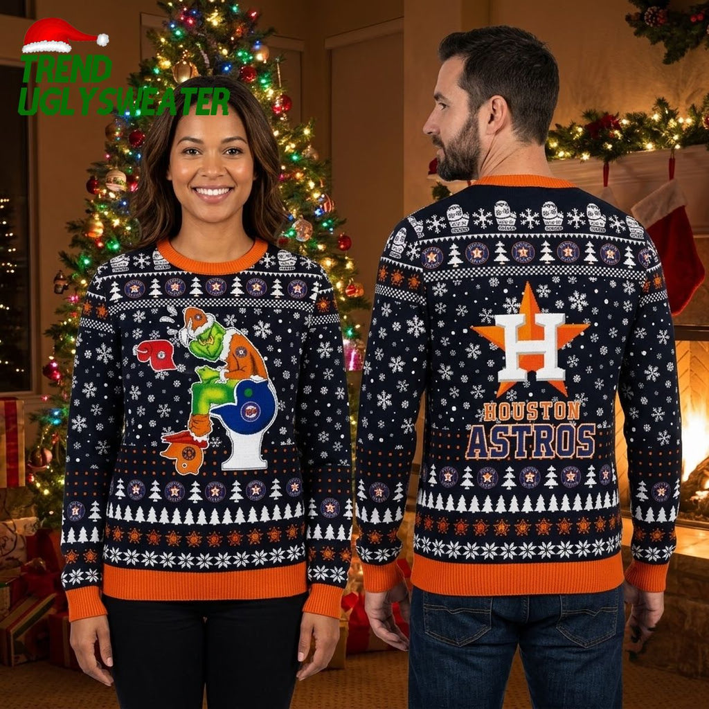 Houston Astros Grinch Sitting On Toilet Ugly Christmas Sweater