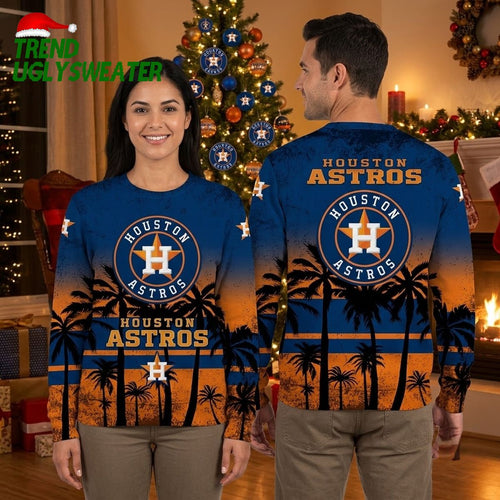 Houston Astros Palm Tree Sunset Gradient Ugly Christmas Sweater