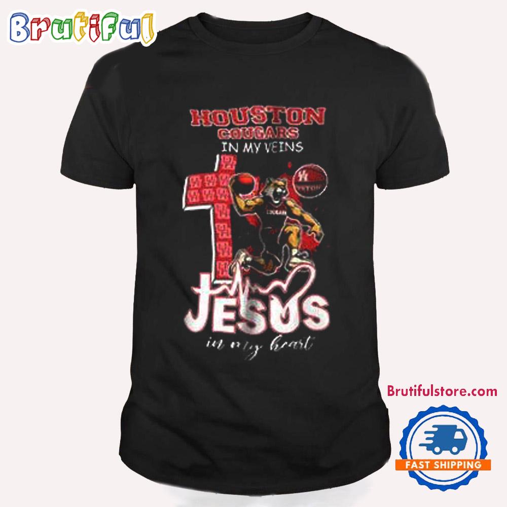 Houston Cougars in My Veins Jesus in My Heart T Shirt