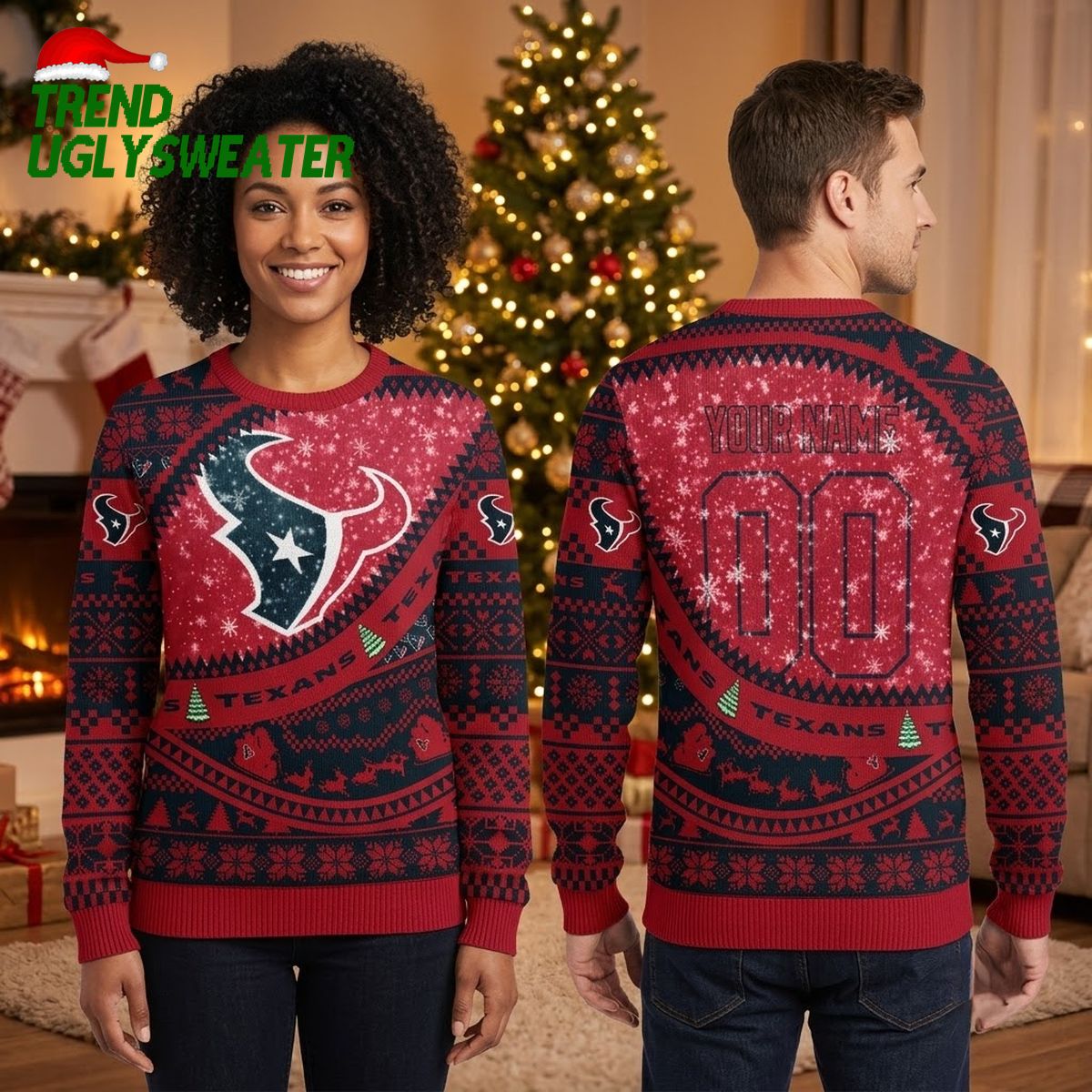 Houston Texans Bull Logo Snowflake Knit Ugly Christmas Sweater