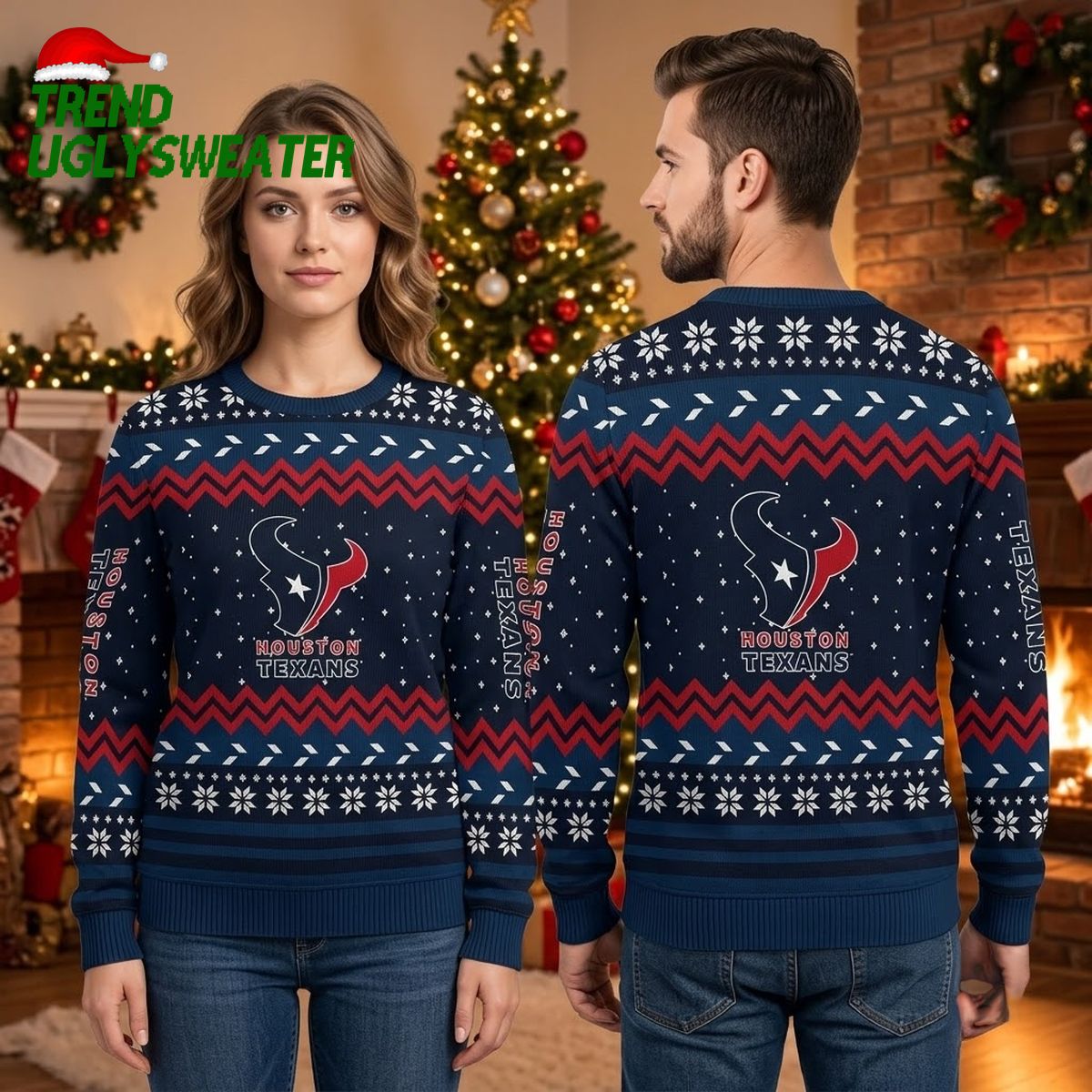 Houston Texans Bull Logo Snowflake Ugly Christmas Sweater