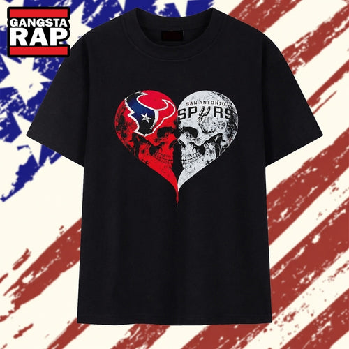 Houston Texans x San Antonio Spurs skulls face to face heart shape distressed T Shirt , Vintage Trending Shirt