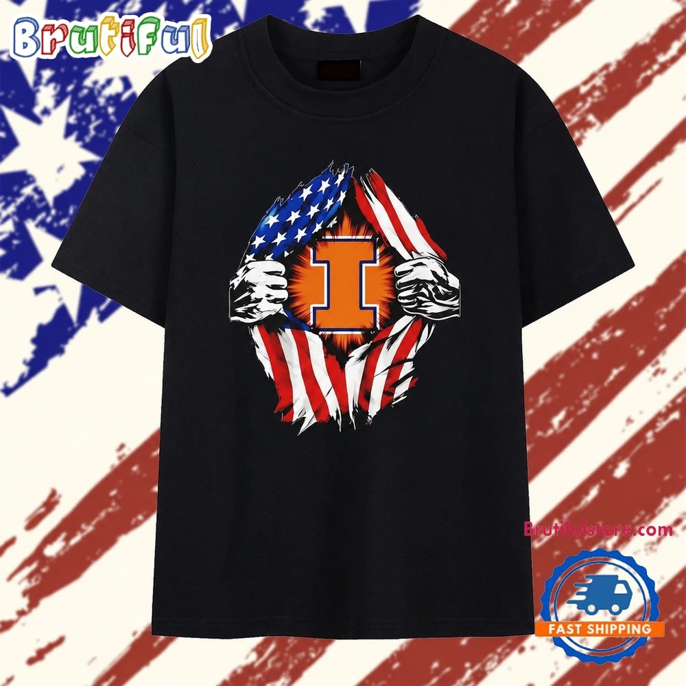 Illinois Fighting Illini American flag chest rip T Shirt