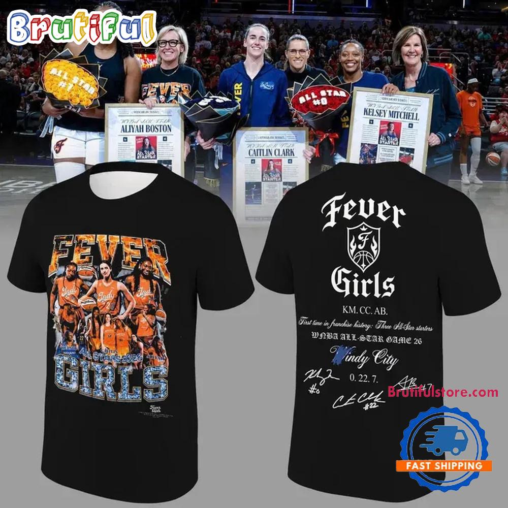 Indiana Fever Girls All Stars 2026 All-Stars Aliyah Boston, Caitlin Clark and Kelsey Mitchell Signatures Black T Shirt