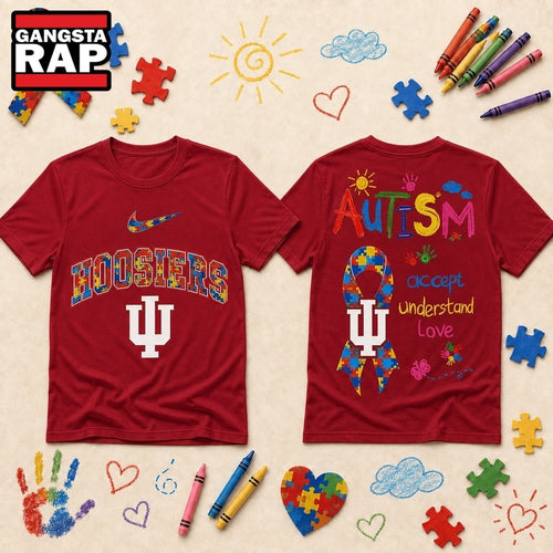 Indiana Hoosiers NCAA Autism Awareness Puzzle Ribbon Hoodie T-Shirt