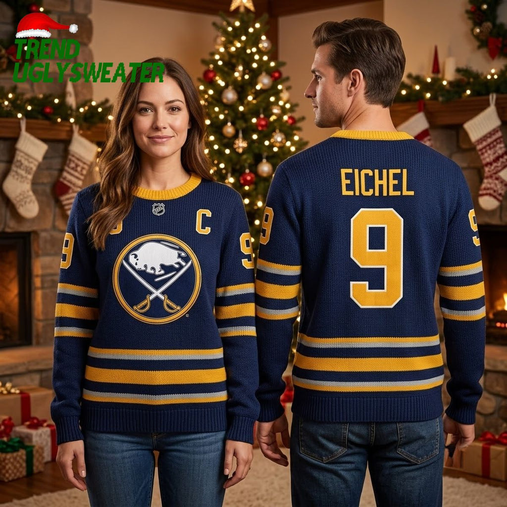 Jack Eichel 9 Buffalo Sabres Crossed Swords Logo Ugly Christmas Sweater