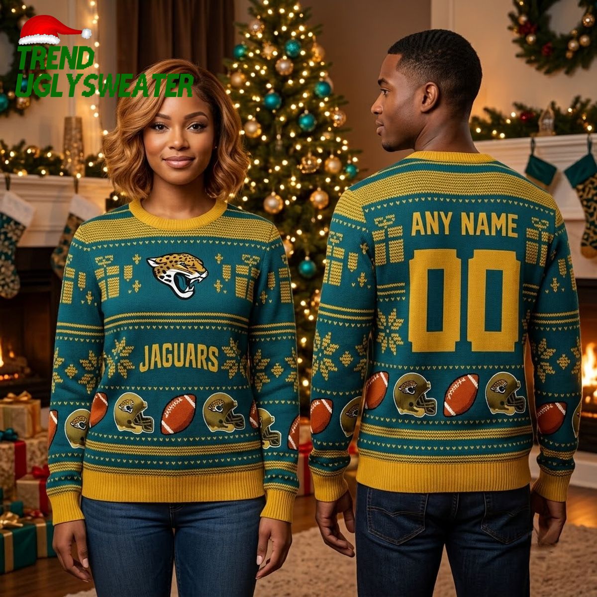 Jacksonville Jaguars Custom Name And Number Football Pattern Ugly Christmas Sweater