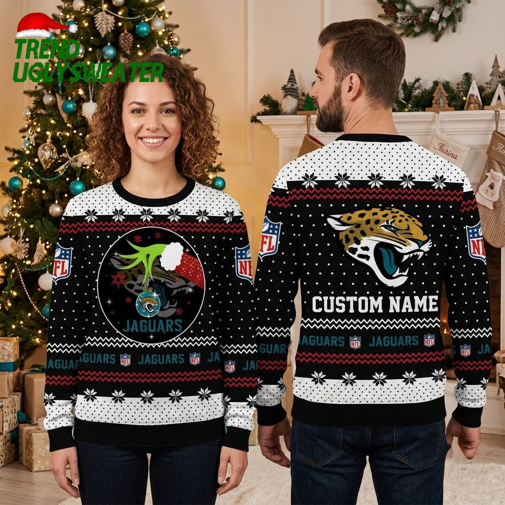 Jacksonville Jaguars Custom Name Jaguar Santa Hat Ugly Christmas Sweater