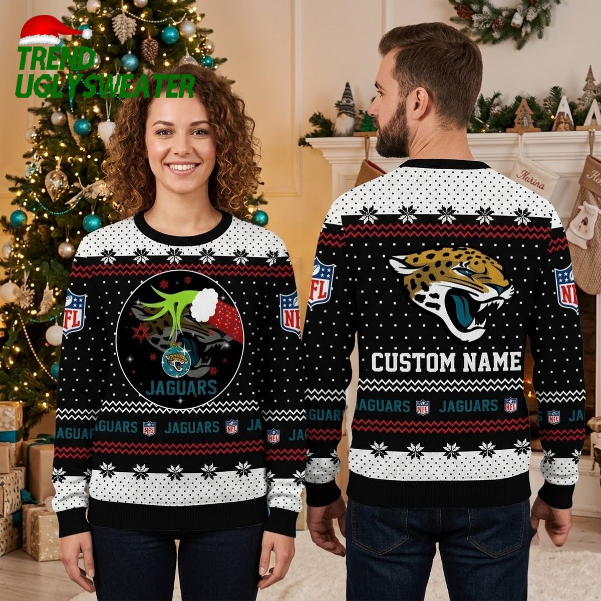 Jacksonville Jaguars Custom Name Jaguar Santa Hat Ugly Christmas Sweater