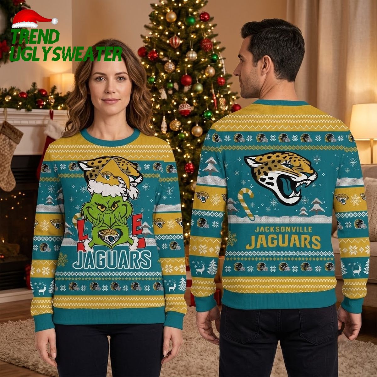 Jacksonville Jaguars Grinch Santa Hat Ugly Christmas Sweater