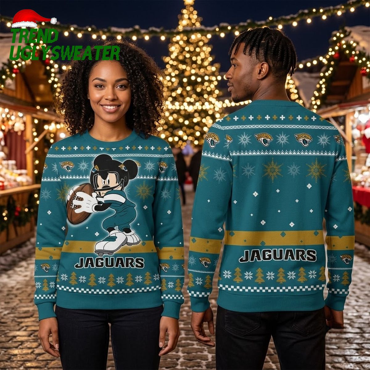 Jacksonville Jaguars Mickey Mouse Decisive Throw Ugly Christmas Sweater