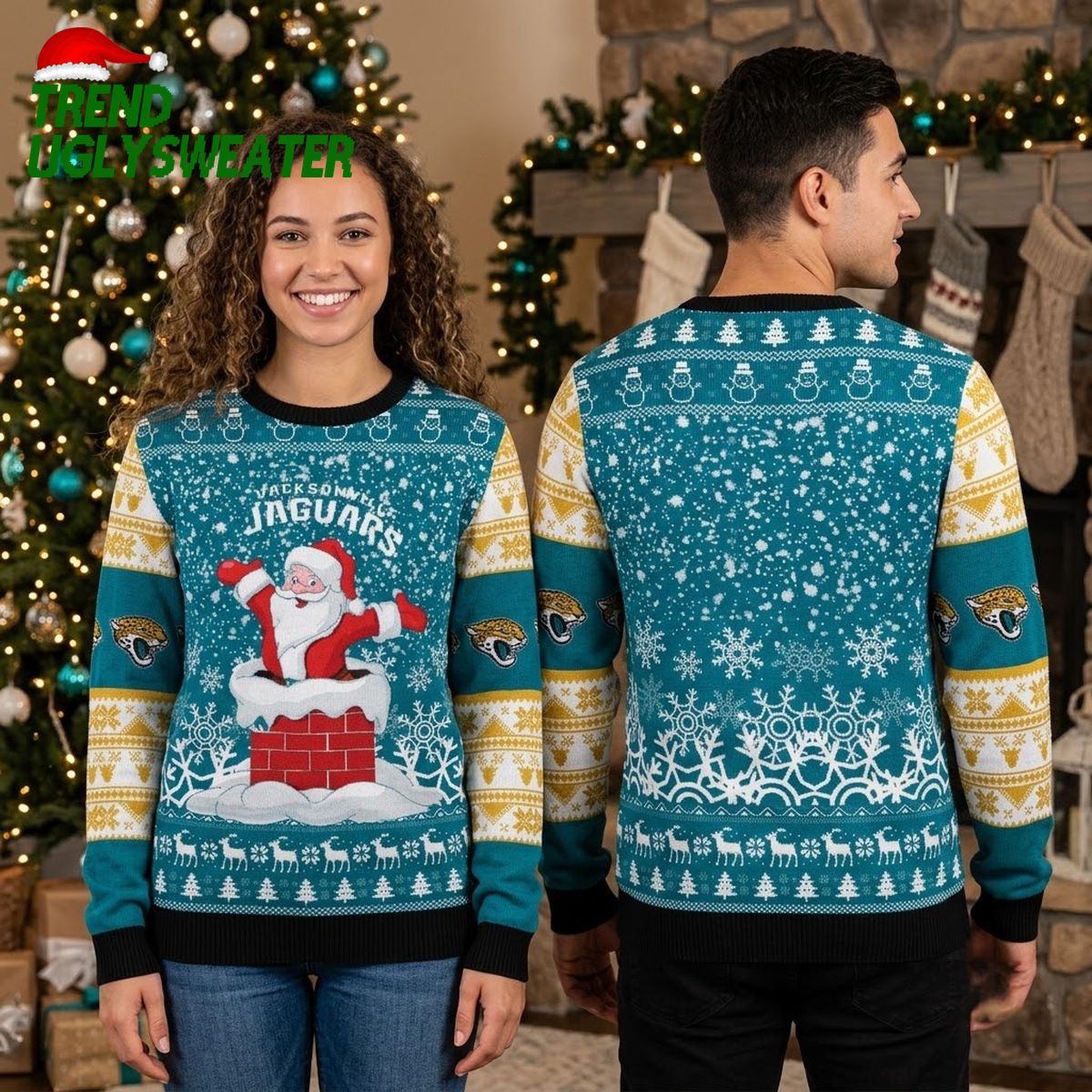 Jacksonville Jaguars Santa Coming Down Chimney Ugly Christmas Sweater