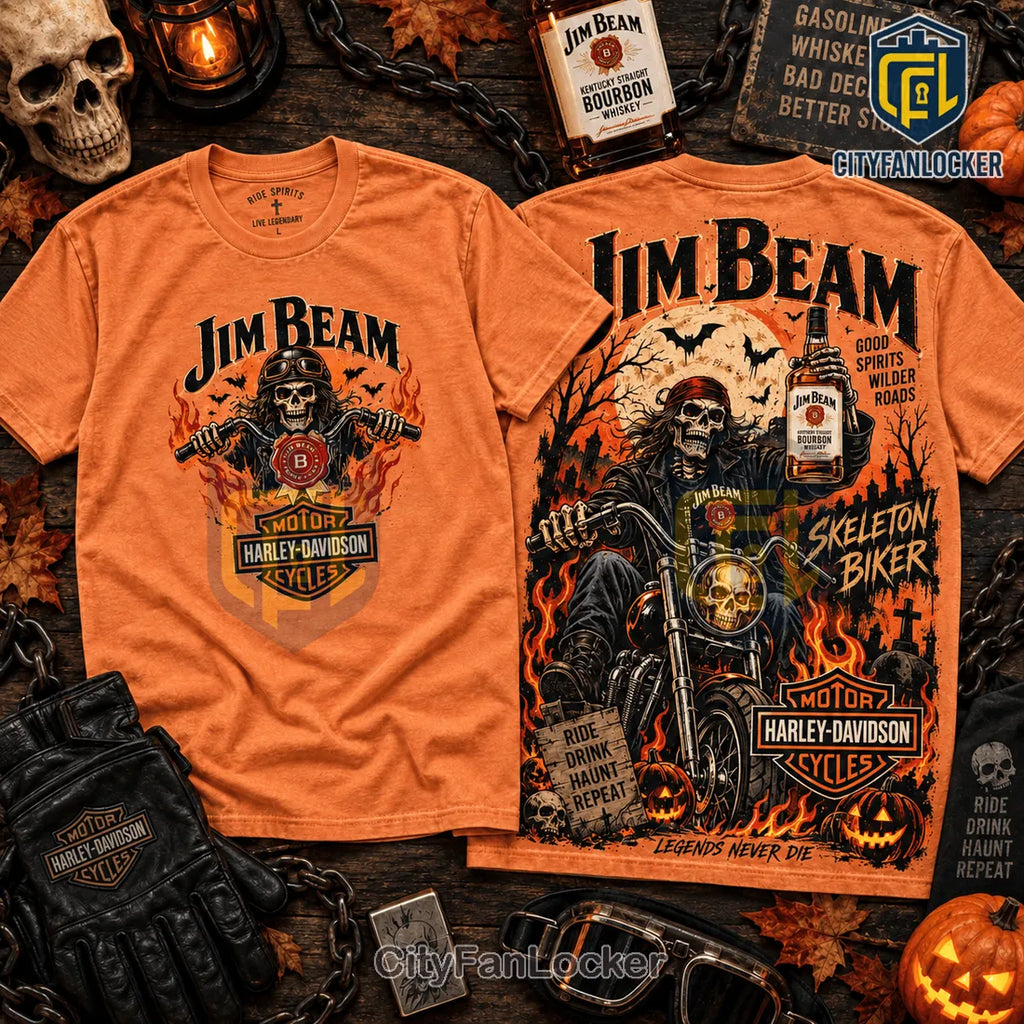 Jim Beam Harley Davidson Orange Skeleton Biker T-Shirt