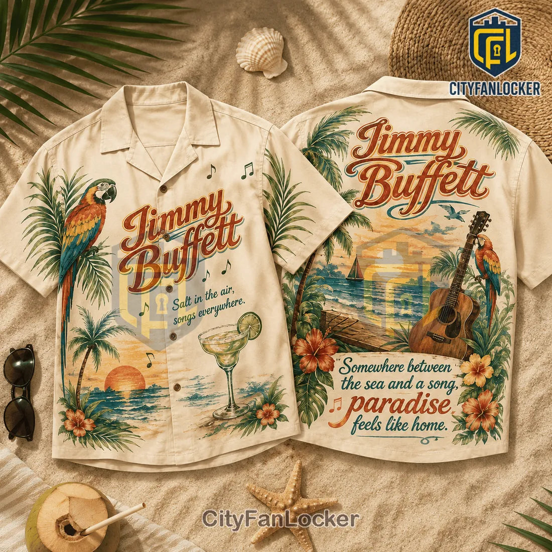 Jimmy Buffett Beach Theme Button Down Shirt