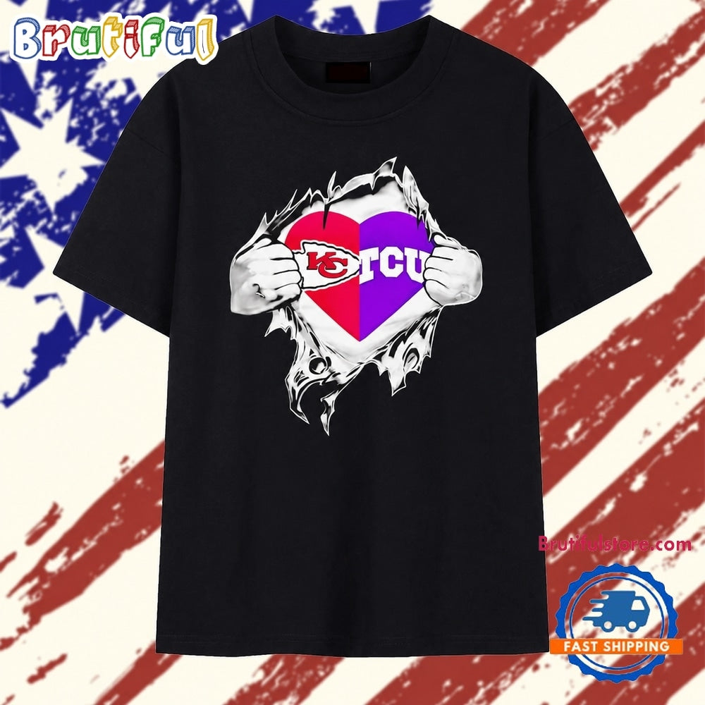 Kansas City Chiefs and TCU Horned Frogs mashup heart with Superman chest rip T Shirt