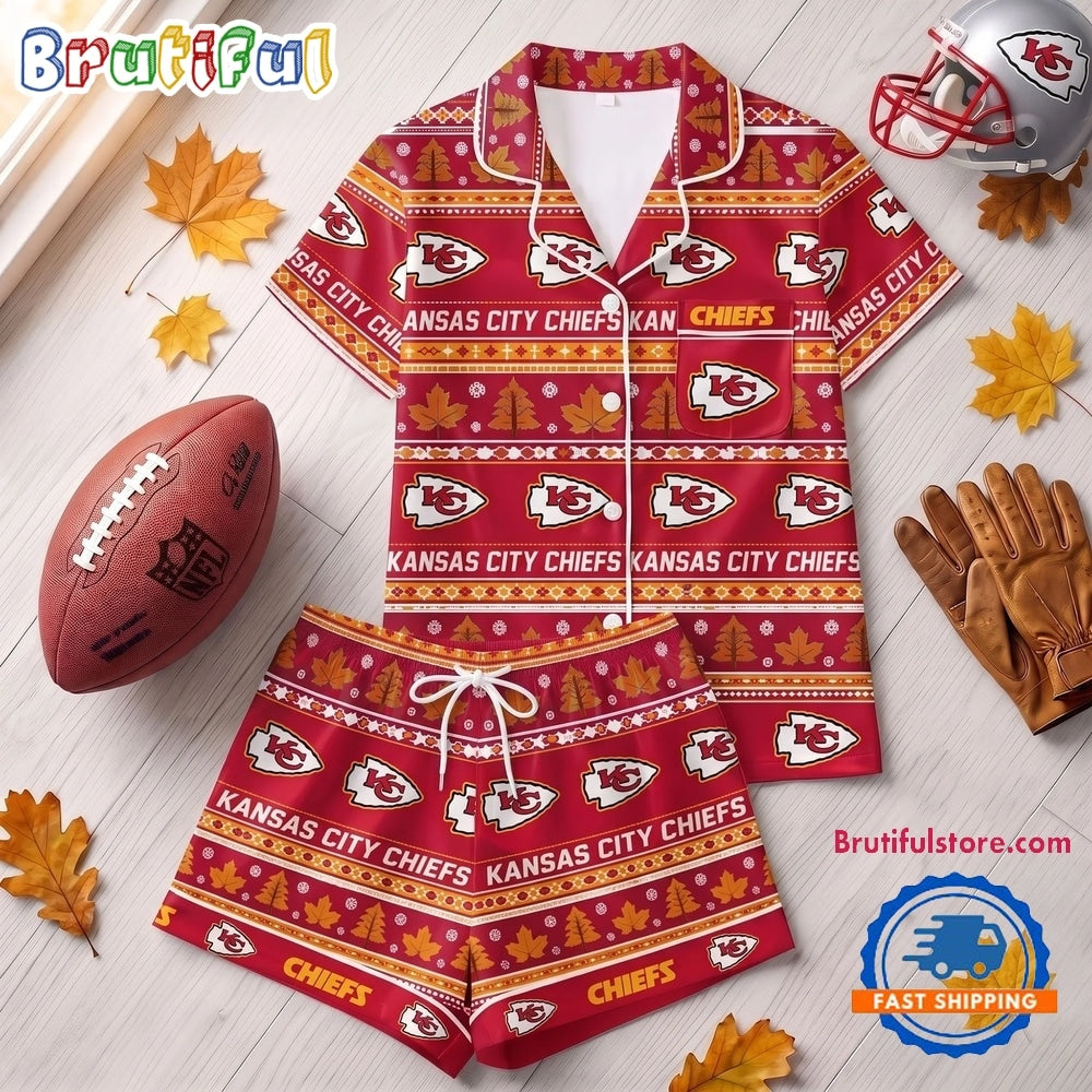 Kansas City Chiefs NFL Harvest Huddle Short Sleeve Pajamas Set