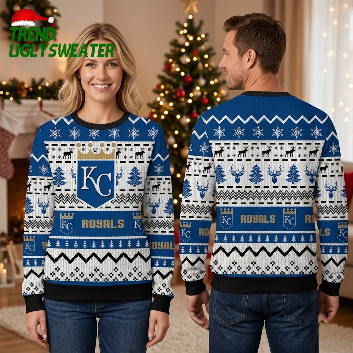 Kansas City Royals KC Logo Reindeer Snowflake Ugly Christmas Sweater