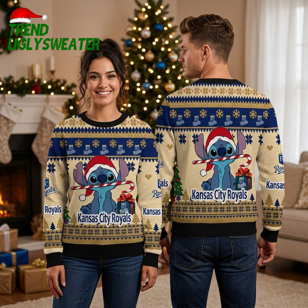 Kansas City Royals Stitch Holding Candy Cane Ugly Christmas Sweater