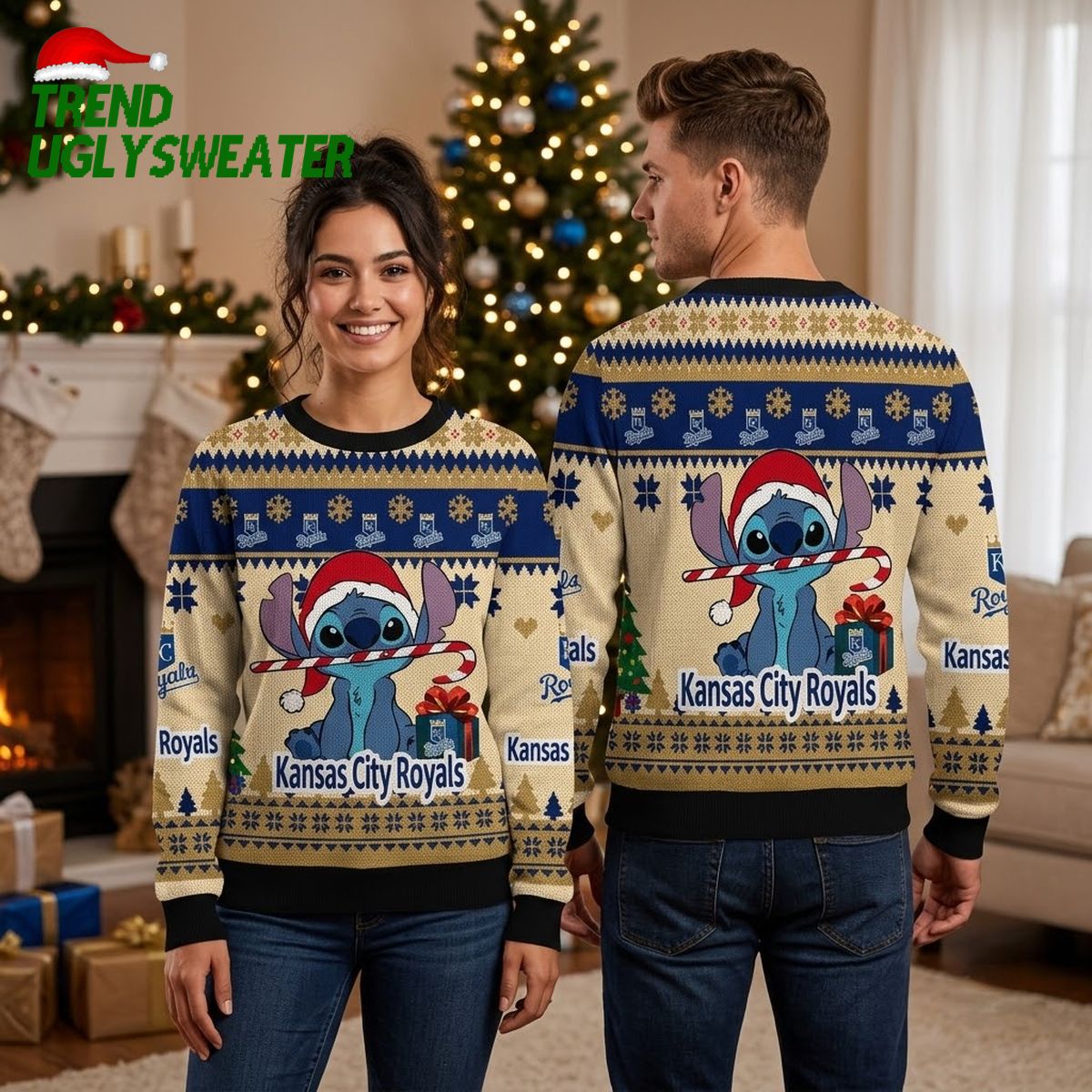 Kansas City Royals Stitch Holding Candy Cane Ugly Christmas Sweater