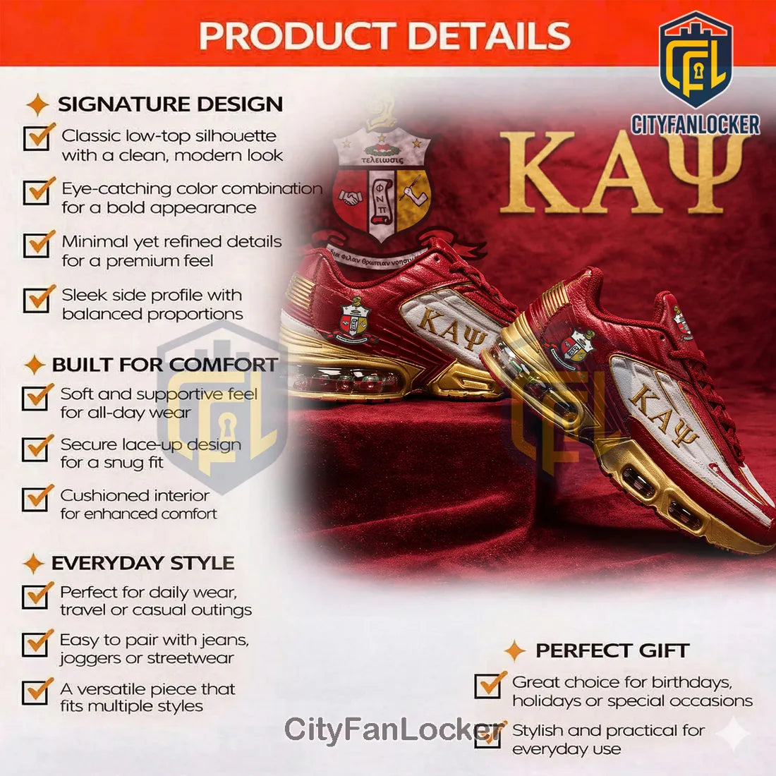 Kappa Alpha Psi ΚΑΨ D9 Custom Red Gold TN Sneakers