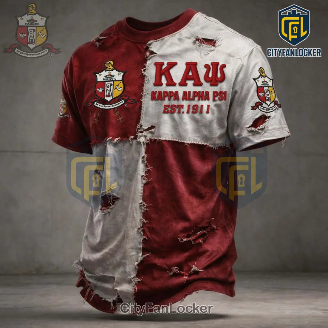 Kappa Alpha Psi Distressed Red & Gray Patchwork T-Shirt
