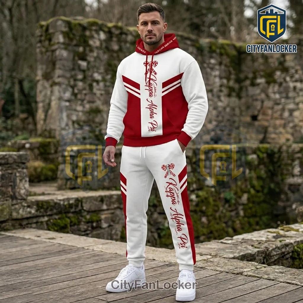 Kappa Alpha Psi Red White Embroidered Logo Pullover Hoodie and Jogger Set