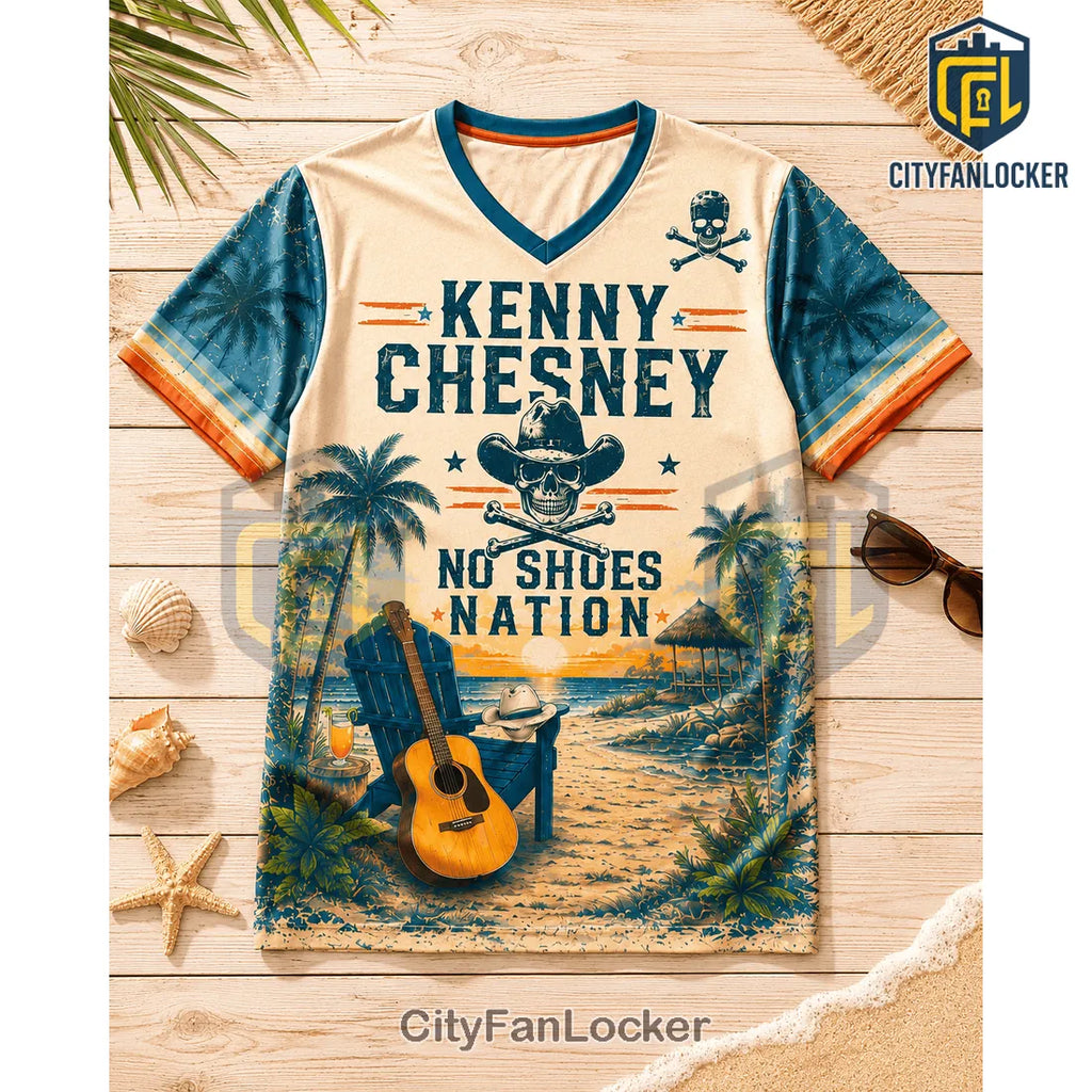 Kenny Chesney No Shoes Nation Tropical Sunset Skull V-Neck Shirt