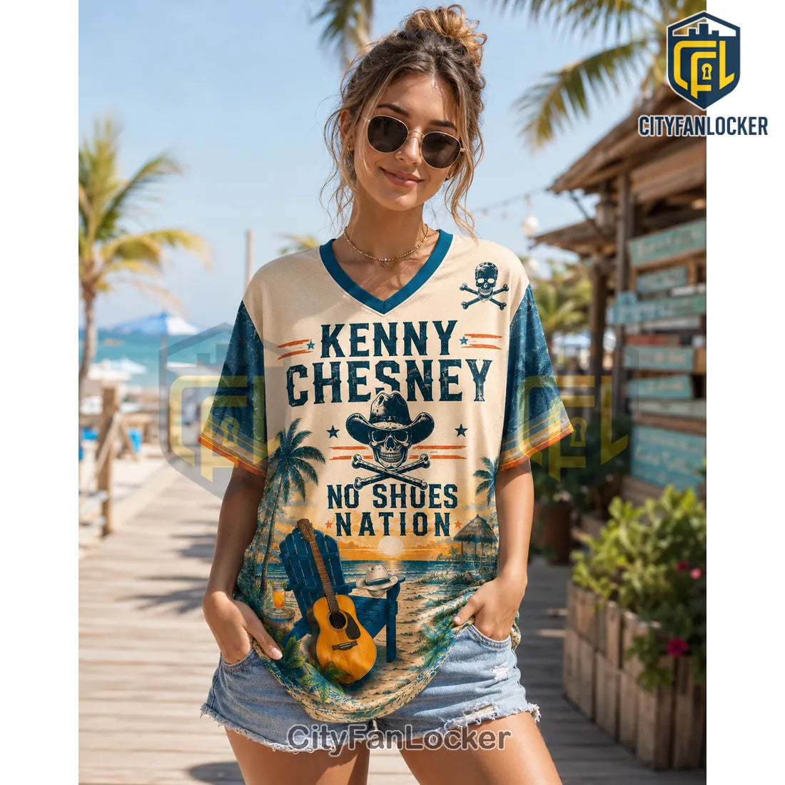 Kenny Chesney No Shoes Nation Tropical Sunset Skull V-Neck Shirt