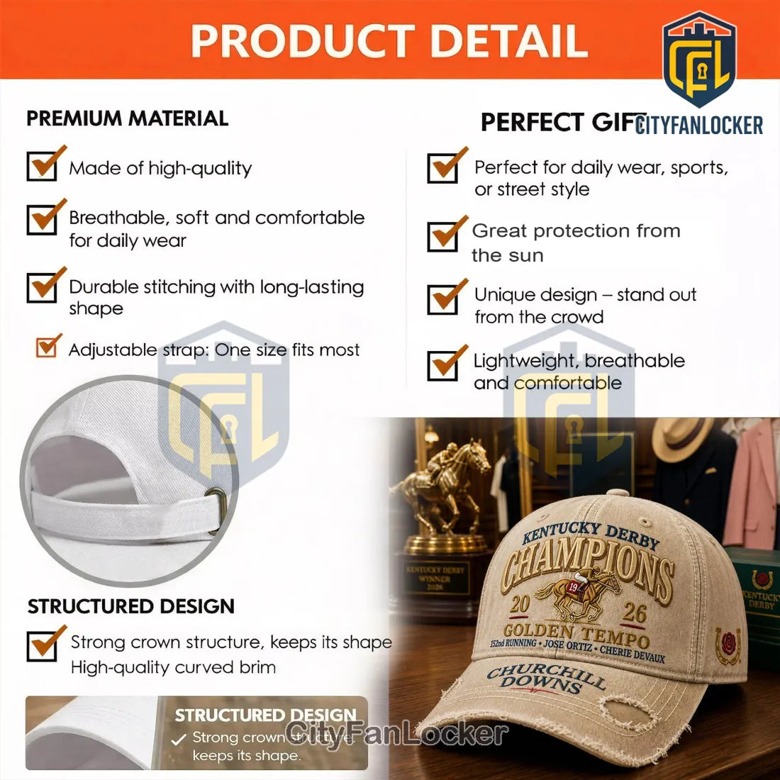 Kentucky Derby 2026 Champions Golden Tempo Distressed Embroidered Cap