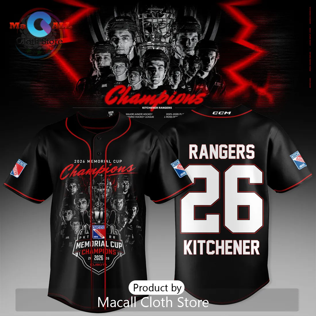 Kitchener Rangers 2026 Memorial Cup Champions Black Baseball Jersey