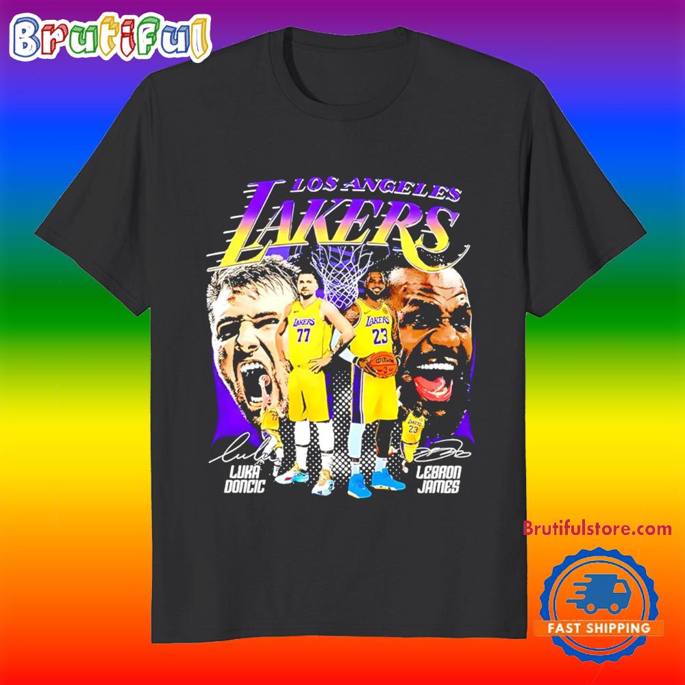 Lakers Luka Doncic and Lebron James Signature Collage T Shirt
