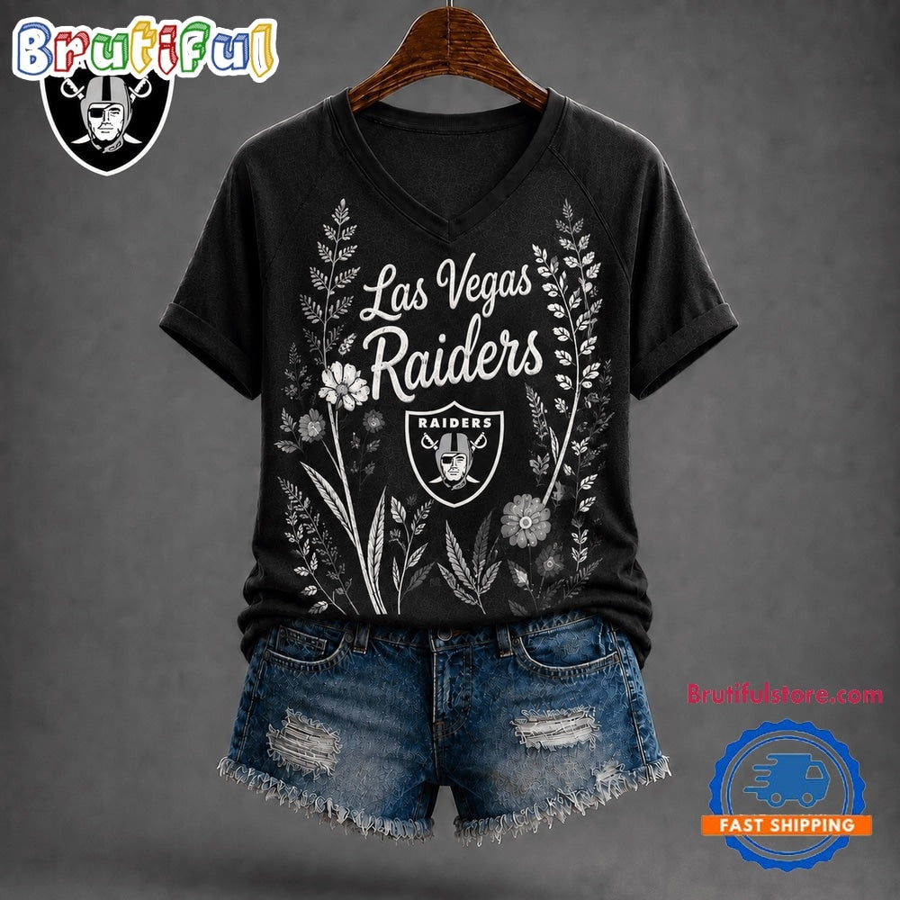 Las Vegas Raiders NFL Floral Garden V Neck T Shirt