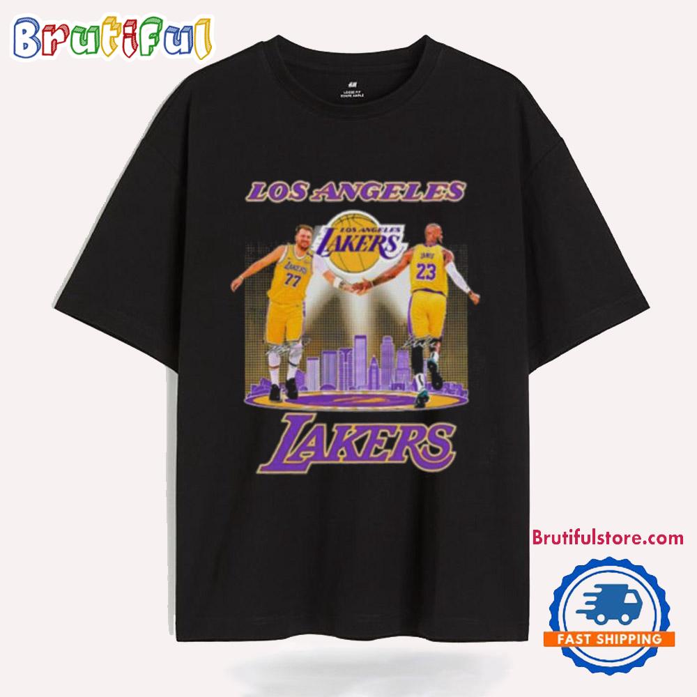 Lebron James And Luka Doncic Los Angeles Lakers Skyline Signatures T Shirt