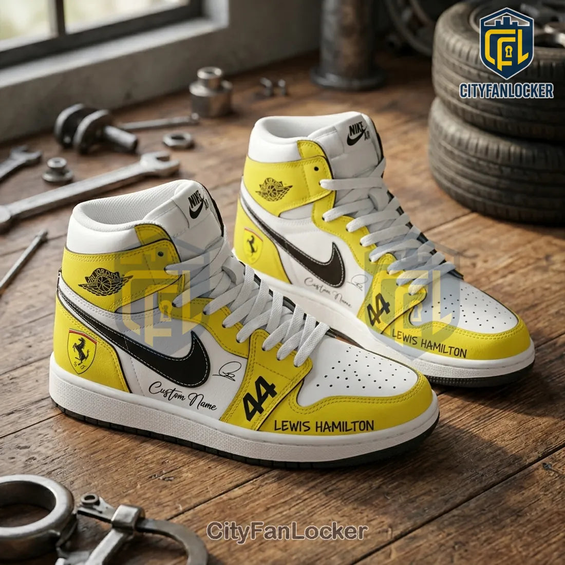 Lewis Hamilton Ferrari Yellow Air Jordan 1 High Top Sneakers