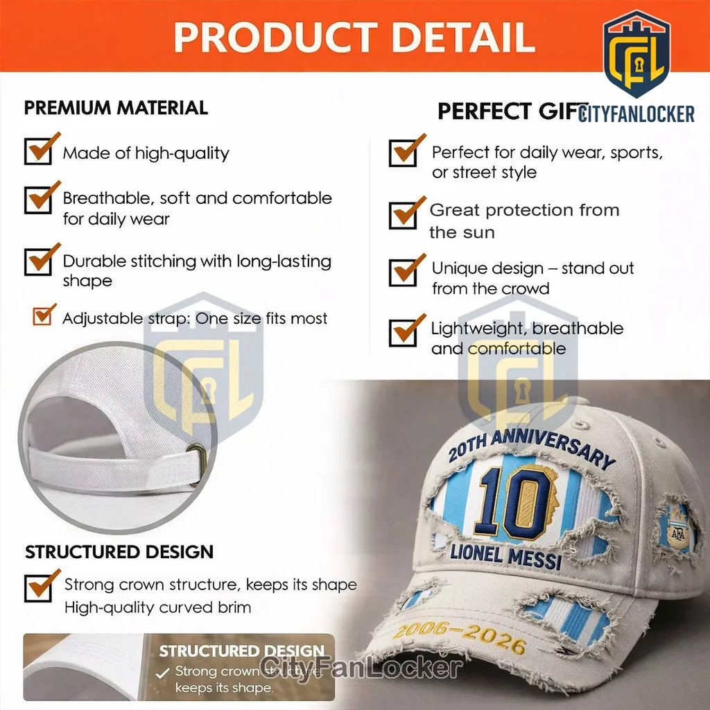 Lionel Messi 20th Anniversary 2006-2026 Distressed #10 Argentina Baseball Cap
