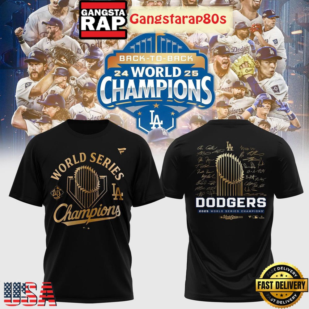 Los Angeles Dodgers Back 2 Back World Series Champions Signature Black Shirt