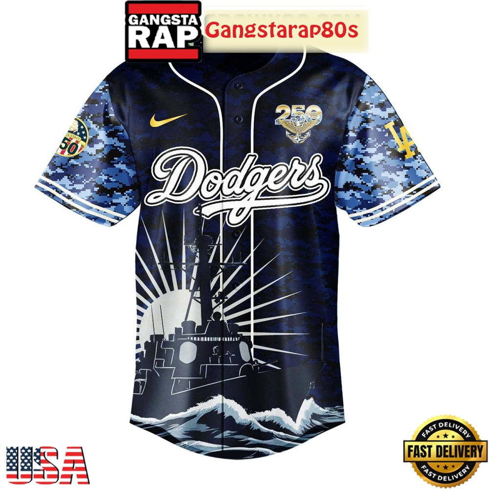 Los Angeles Dodgers Celebration Happy Birthday US Navy 250 Years 2025 Special Baseball Jersey