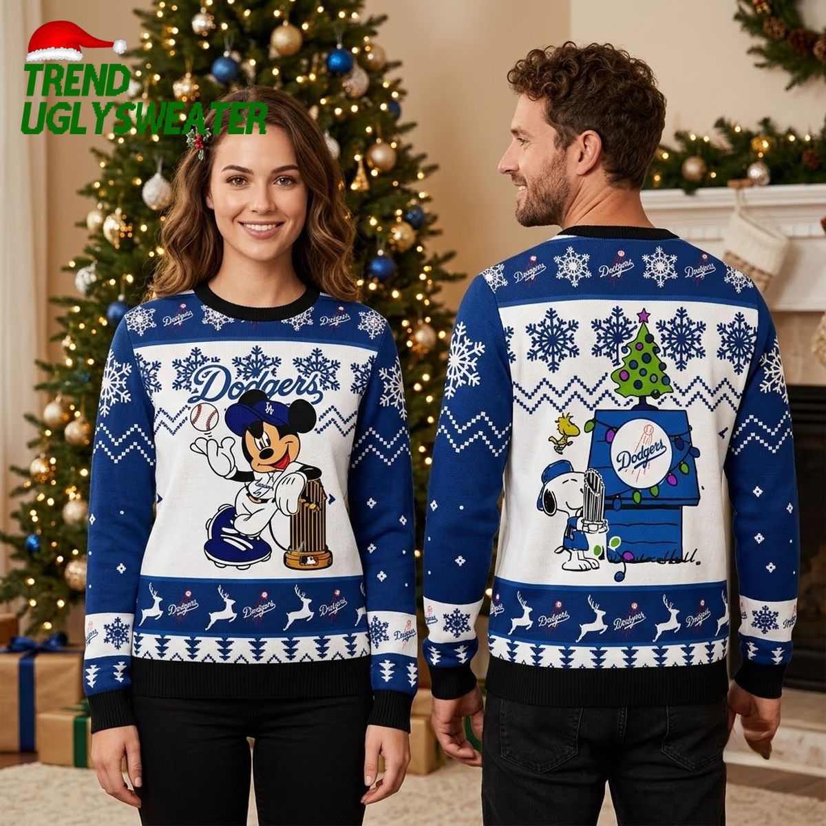 Los Angeles Dodgers Mickey Mouse Baseball Trophy Ugly Christmas Sweater