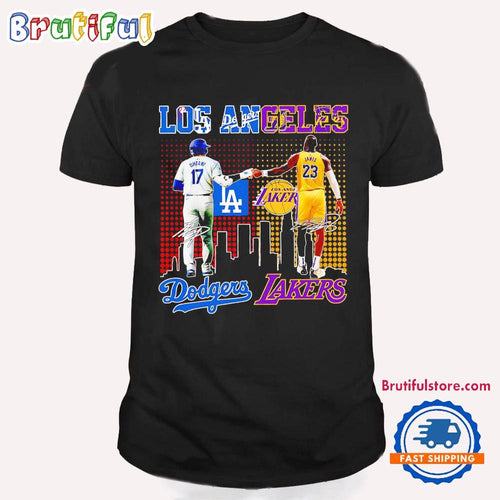 Los Angeles Dodgers Ohtani and Los Angeles Lakers James Skyline Signatures T Shirt