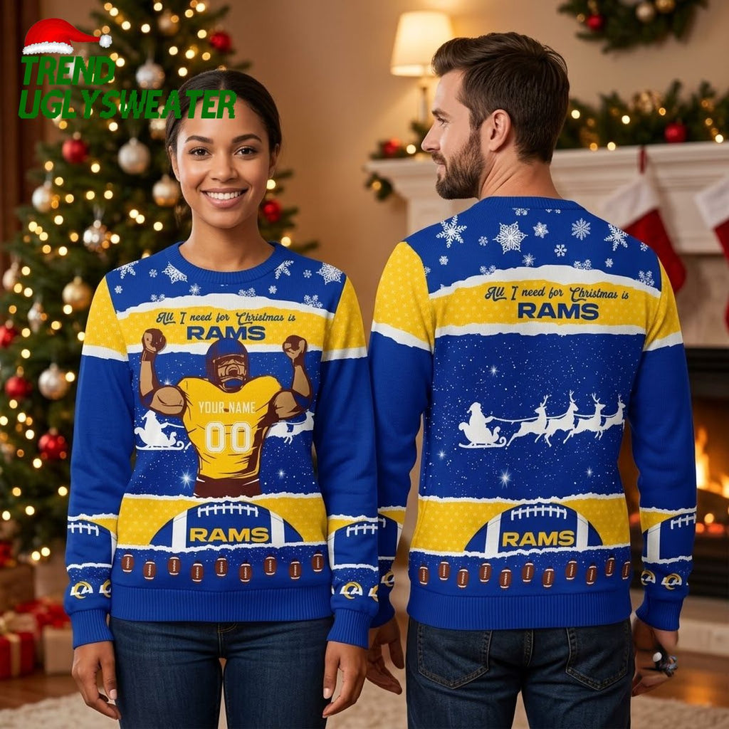 Los Angeles Rams Custom Name And Number Santa Sleigh Ugly Christmas Sweater