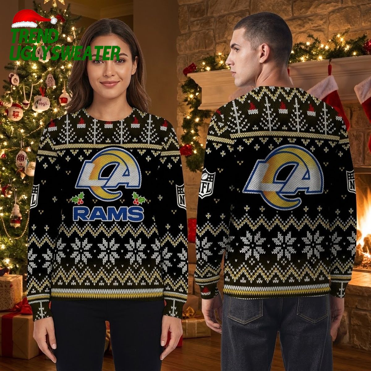 Los Angeles Rams Helmet Logo Snowflake And Holly Ugly Christmas Sweater