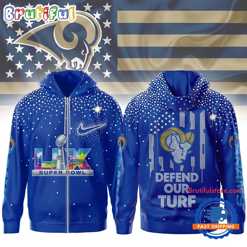 Los Angeles Rams NFL 2026 Super Bowl Defend Our Turf Zip Hoodie Shirt