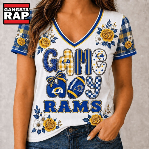 Los Angeles Rams NFL Football Flowers Team Pride V Neck T Shirt