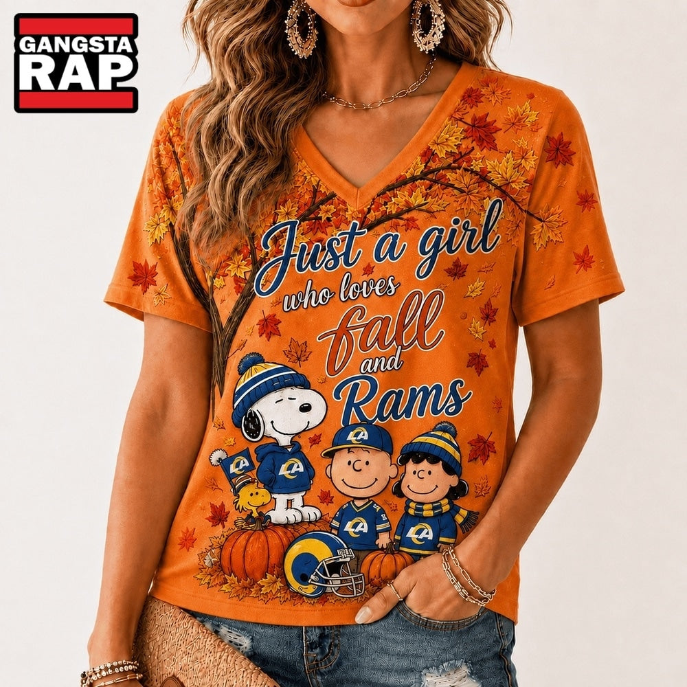 Los Angeles Rams NFL Snoopy Peanuts Fall Season V Neck T Shirt