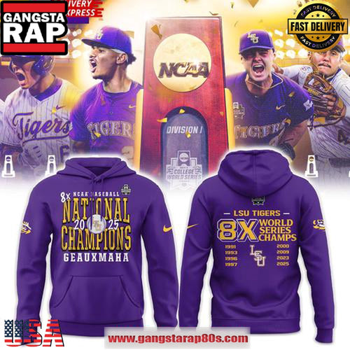 LSU Tigers 2025 NCAA Baseball 8-Time National Champions Purple All Over Print Hoodie
