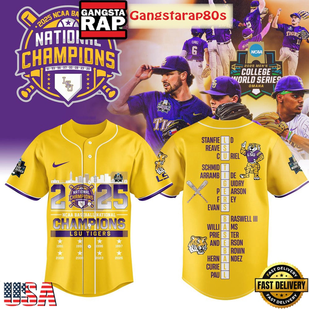 LSU Tigers 2025 NCAA Baseball National Champions Baseball Jersey Shirt