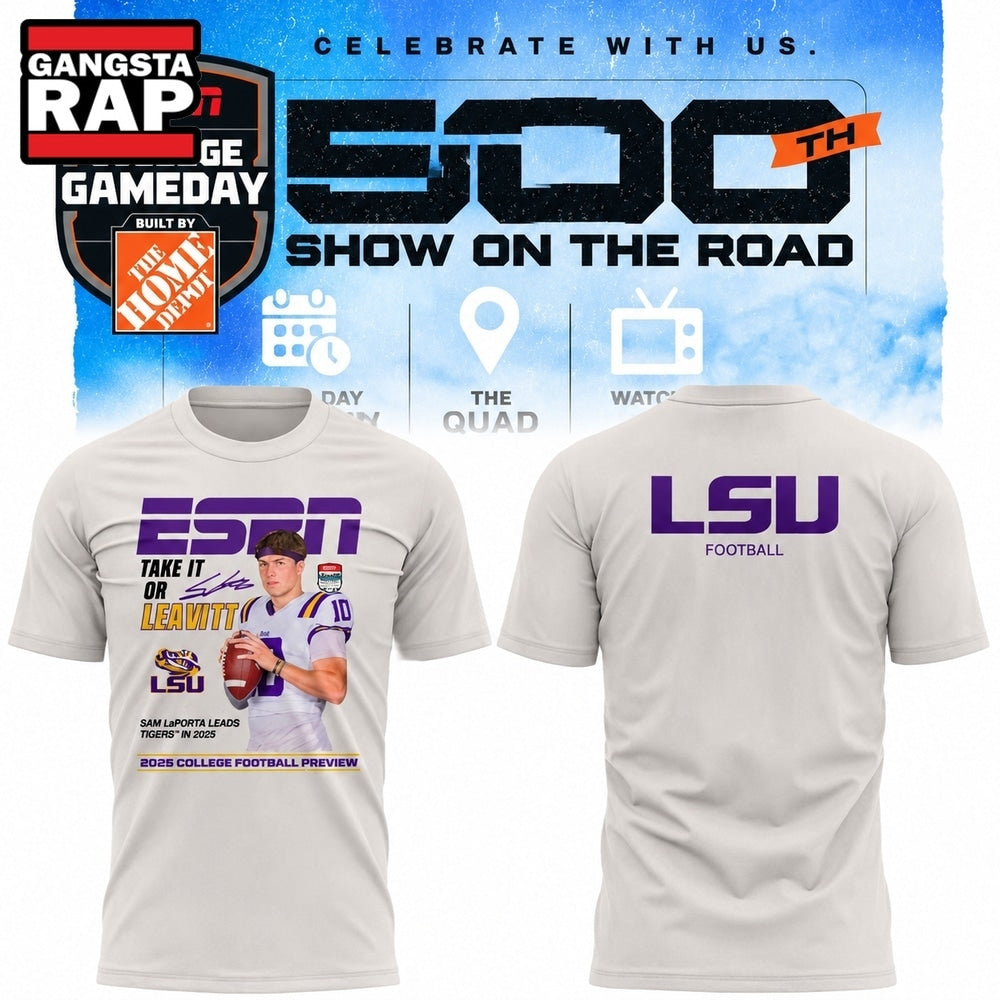LSU Tigers Football x Sam Leavitt 500th College Game Day T Shirt