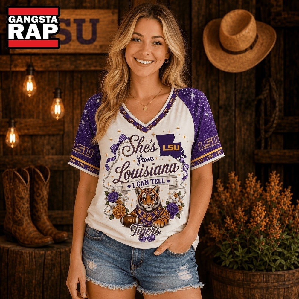 LSU Tigers NCAA Bow and Floral Team Spirit V Neck T Shirt
