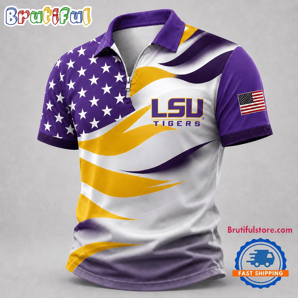 LSU Tigers NCAA Freedom Wave Zipper Polo Shirt
